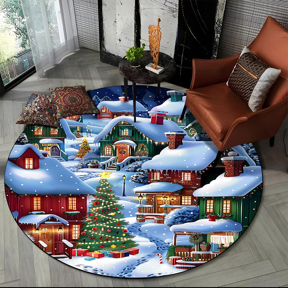 Cartoon Santa Claus Merry Christmas Snowman New Year Round Carpet Rug for Bedroom Living Room Sofa Decoration,Decor Floor Mat