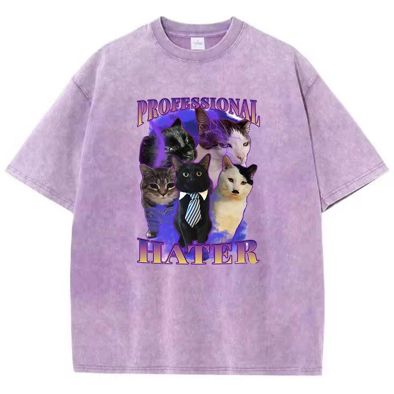 Retro T-Shirt Vintage Gewaschenes Baumwoll-T-Shirt Professioneller Hater Katze Grafik-T-Shirt Lässige Streetwear Frühling Sommer