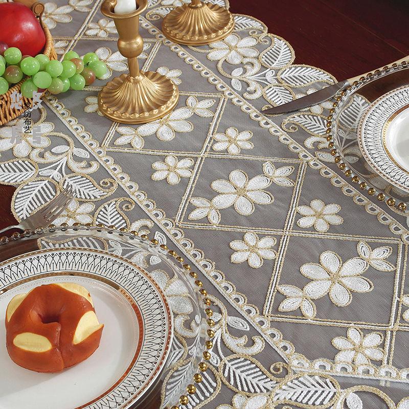 Elegant Table Runner with Coffee-Colored Floral Embroidery and Lace Detailing - Ideal for Home, Festive Outdoor Picnics, Parties, and Weddings