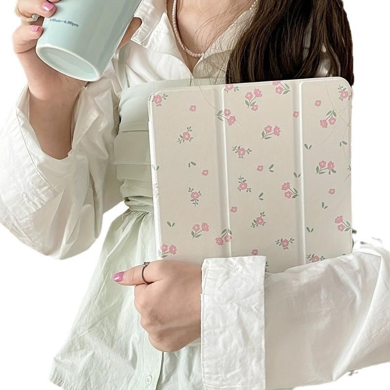 IPad Pro 12.9 Inch Case With Mirror Surface Tri-Fold Stand Pen Slot Floral Print PC Cover Air/Mini/10th Gen