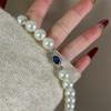 Colar de Pérolas com Fecho Redondo para Mulheres, Corrente para Suéter de Pérolas Bege de Alta Qualidade, Corrente de Colar de Luxo com Fecho de Pedra Preciosa Azul Windsor
