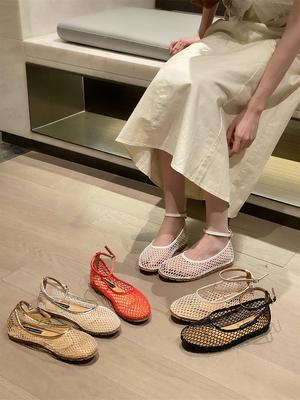 Mode Mesh Atmungsaktiv Französischer Feenstil Einzelne Schuhe Damen 2025 Neu Sommer Runde Zehenpartie Flacher Ausschnitt Knöchelriemen Flach Mit Rock Tide