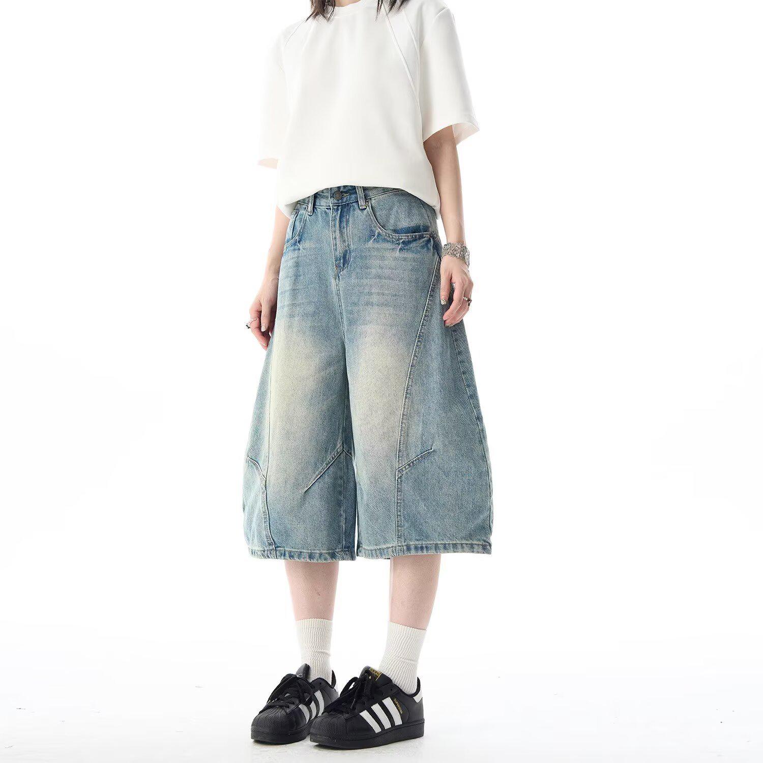 

High Street Deconstructed Denim Cropped Wide-Leg Shorts for Men & Women Medium синий
