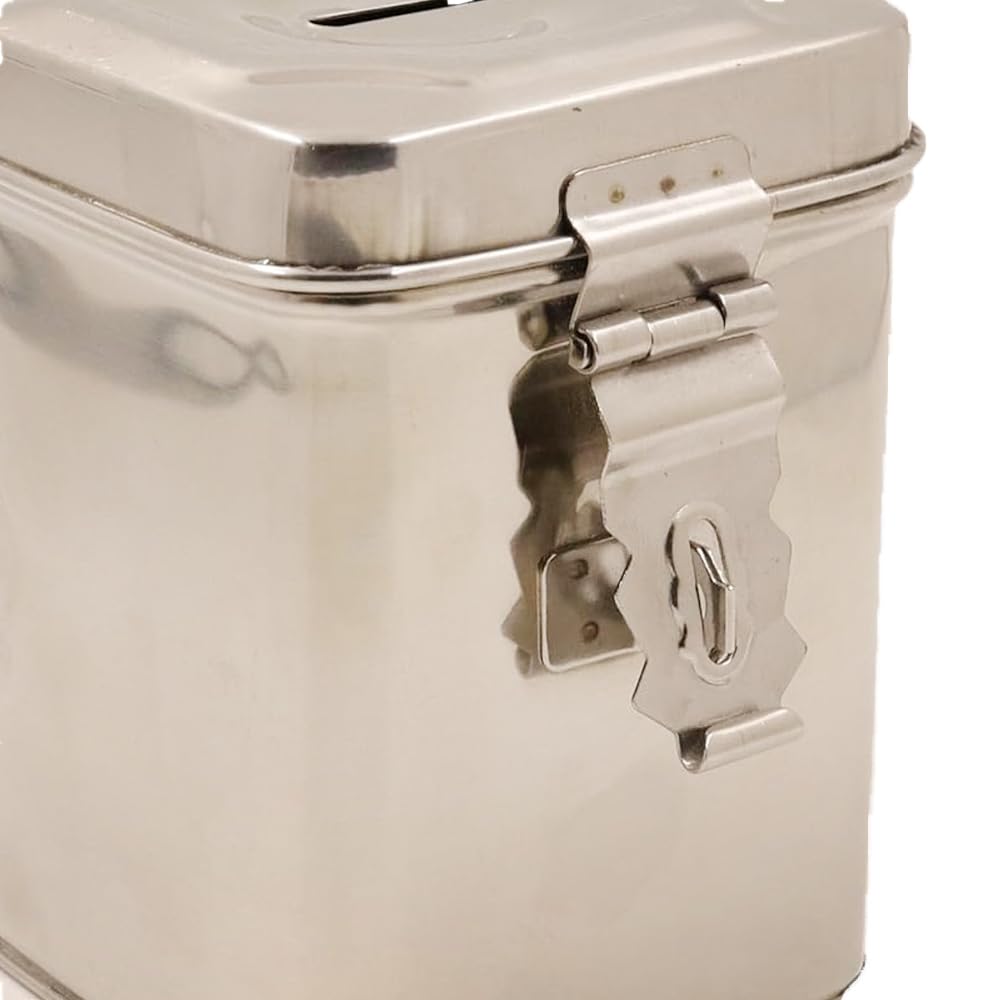 RSINC Stainless Steel Large Coin Box | Antique Piggy Bank & Money Organizer |  Elegant Silver Gullak for Coins & Savings | Pc-1 O Steel Large Coin Box