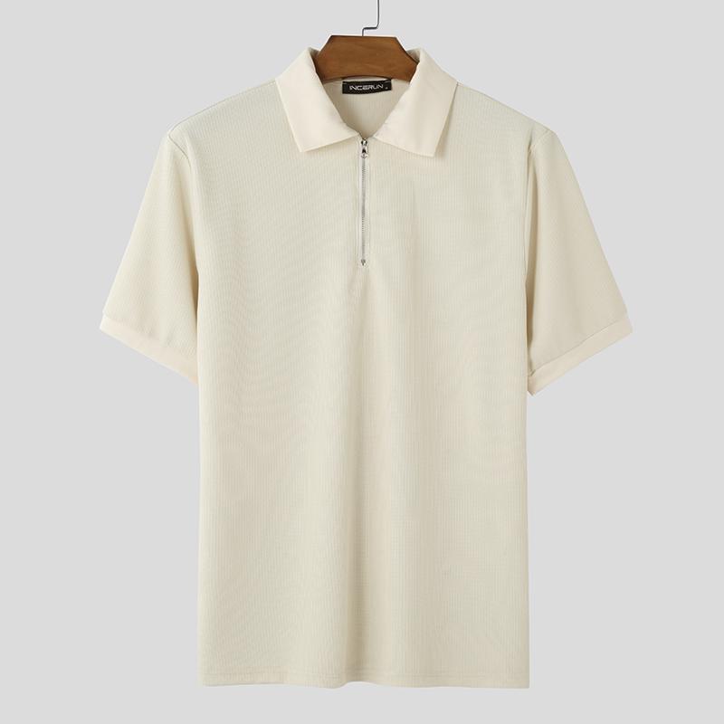 

INCERUN Summer Men Zip-up Lapel Neck Short Sleeve Texture Casual T-shirts Tops M