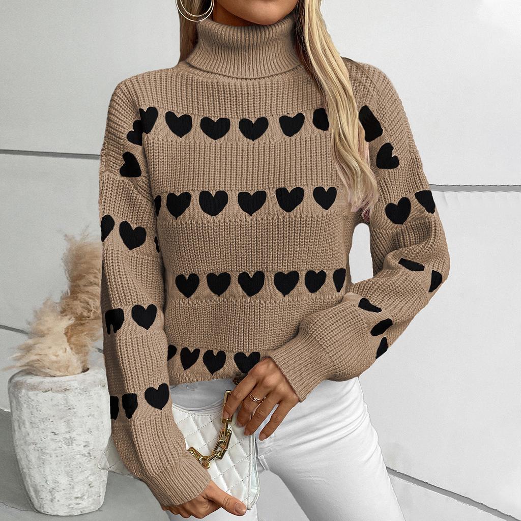 Sueter Mujer 2025 Korean Casual Sweater Women Turtleneck Spliced Heart Knitted Top Vintage Streetwear Pullover CR4319