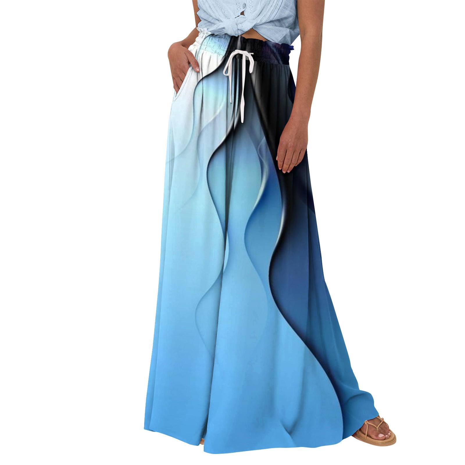 

Women High Waisted Wide Leg Pants Summer Casual Flowy Palazzo Pants Print Beach Trousers With Pocket S