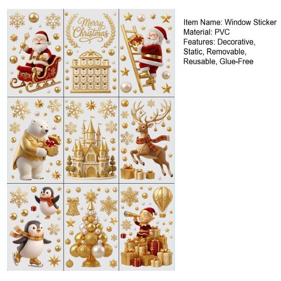 Santa Claus Window Decor 9Pcs Christmas Clings, Golden Static Stickers, Glue Free Decals with Festive Glass Stickers Elk Castle and Tree Patterns for