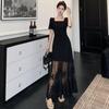 Sexy Black Mesh Splicing Square Neck Dress Women's Summer Temperament Slim Waist Thin Big Swing Dress