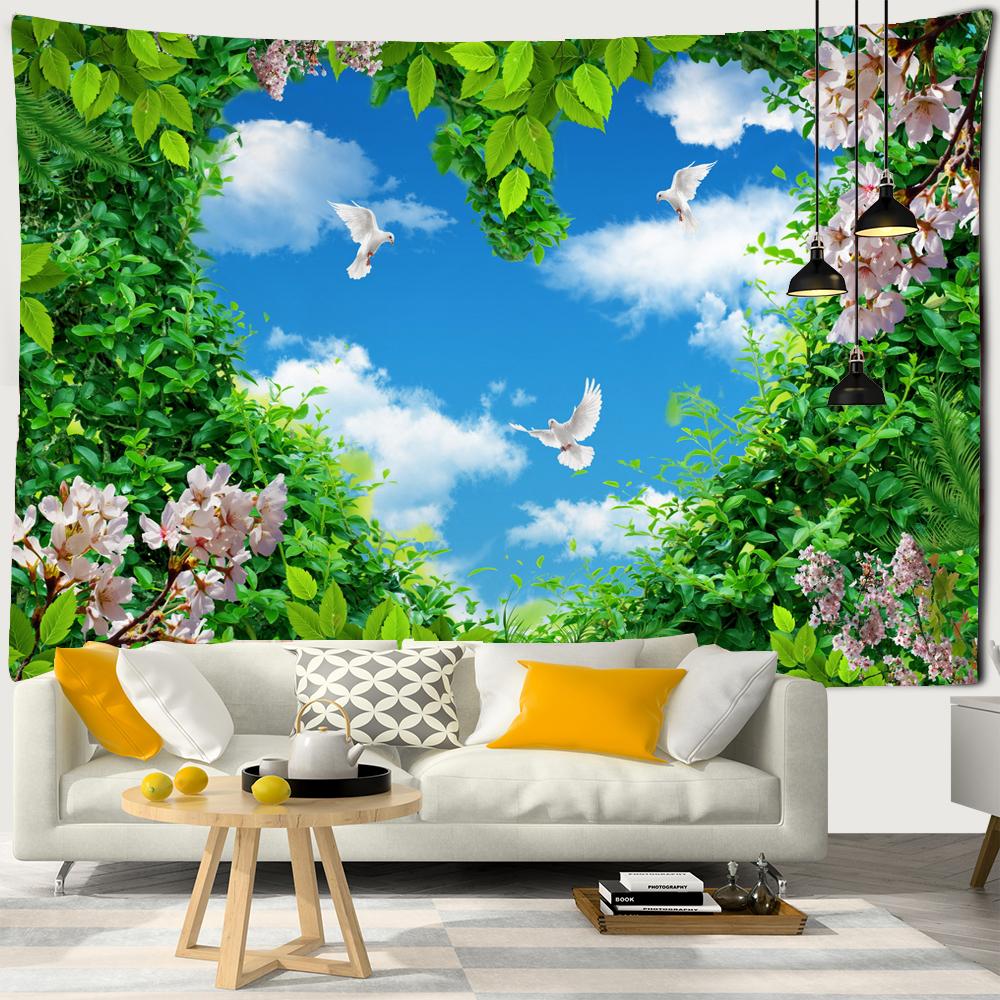 Landscape Tapestry Wall Hanging Sunny Scenery Blue Sky Love Heart Cloud Pigeon Beach Wall Tapestry Backdrop Wall Cloth Tapestry