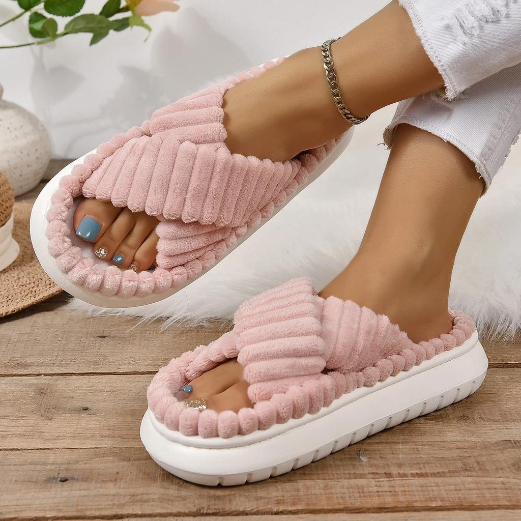 Autumn Winter Corduroy Home Slippers Women Cross Band Thick Soft Sole Slides Platform Shoes female Non Slip Indoor Slippers