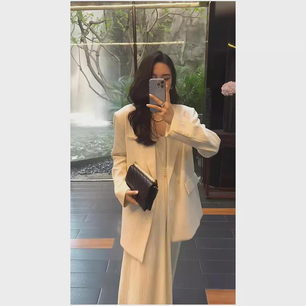 Costum de două piese pentru femei, mărime mare: Fustă lungă cu bretele și sacou pentru primăvară/toamnă