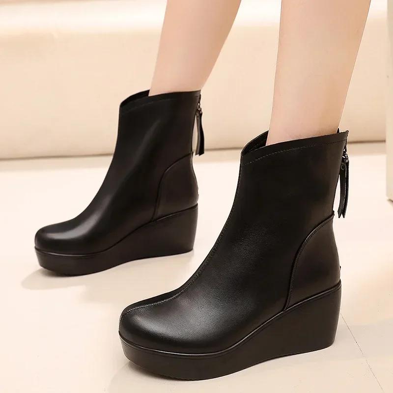 8cm Small Size 32-43 Vintage Genuine Leather Shoes Women's Ankle Boots Winter  High Heels Wedges Shoes Fur Motorcycle Boots