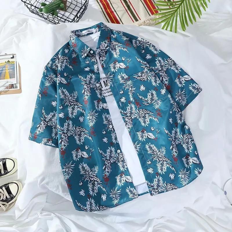 Men Tees Hawaiian Shirt Beach Print Tee Plus Size Loose Overshirt Half Sleeve Retro Clothes Casual Male Undies Button Up Top Summer