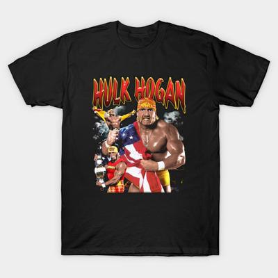 Men Black Print T-shirt Hulk Hogan Collage No-Cut Heat Transfer Print Cotton Tshirt