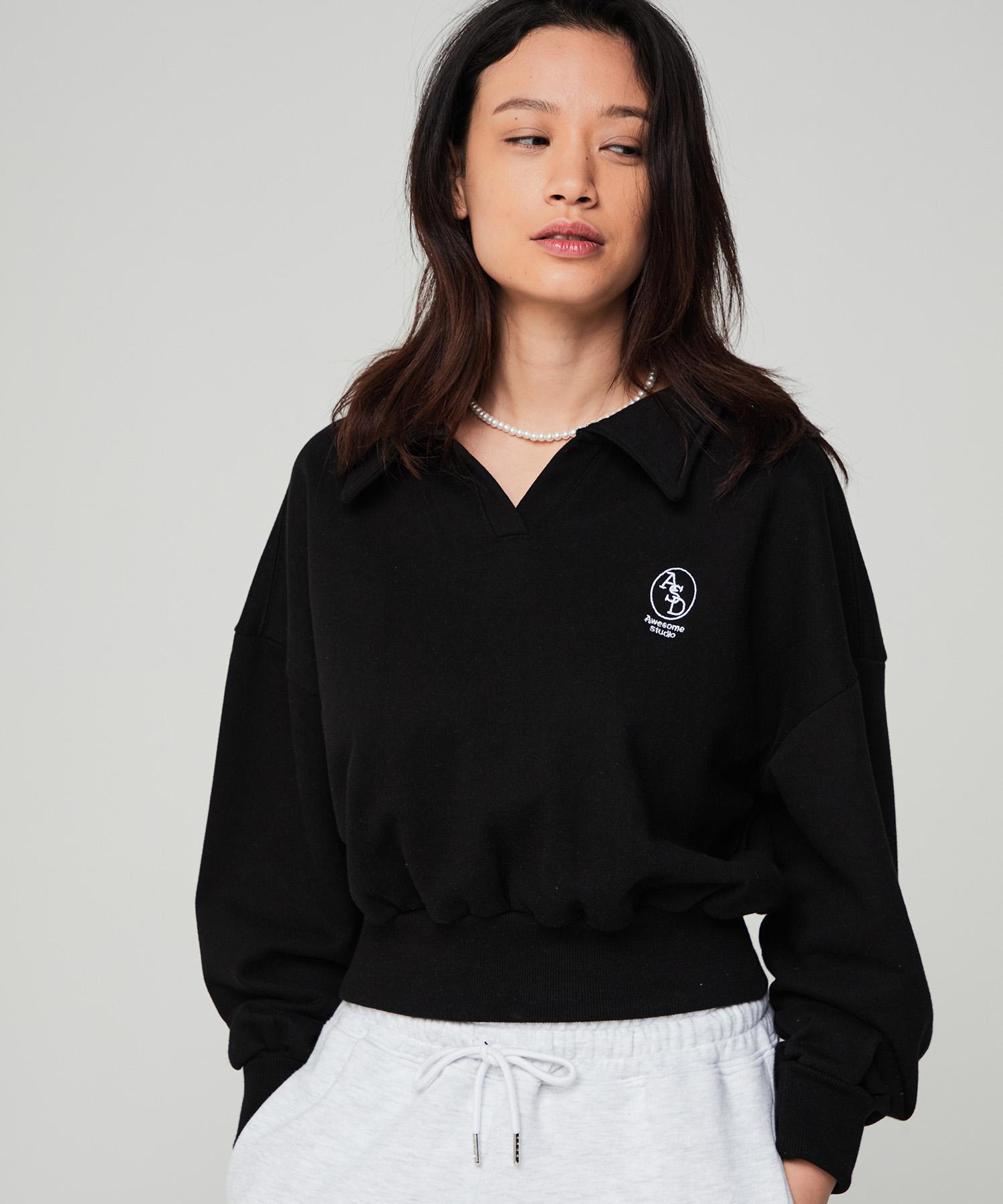 Women S Collared Crop Sweatshirt Black Fleece-Free