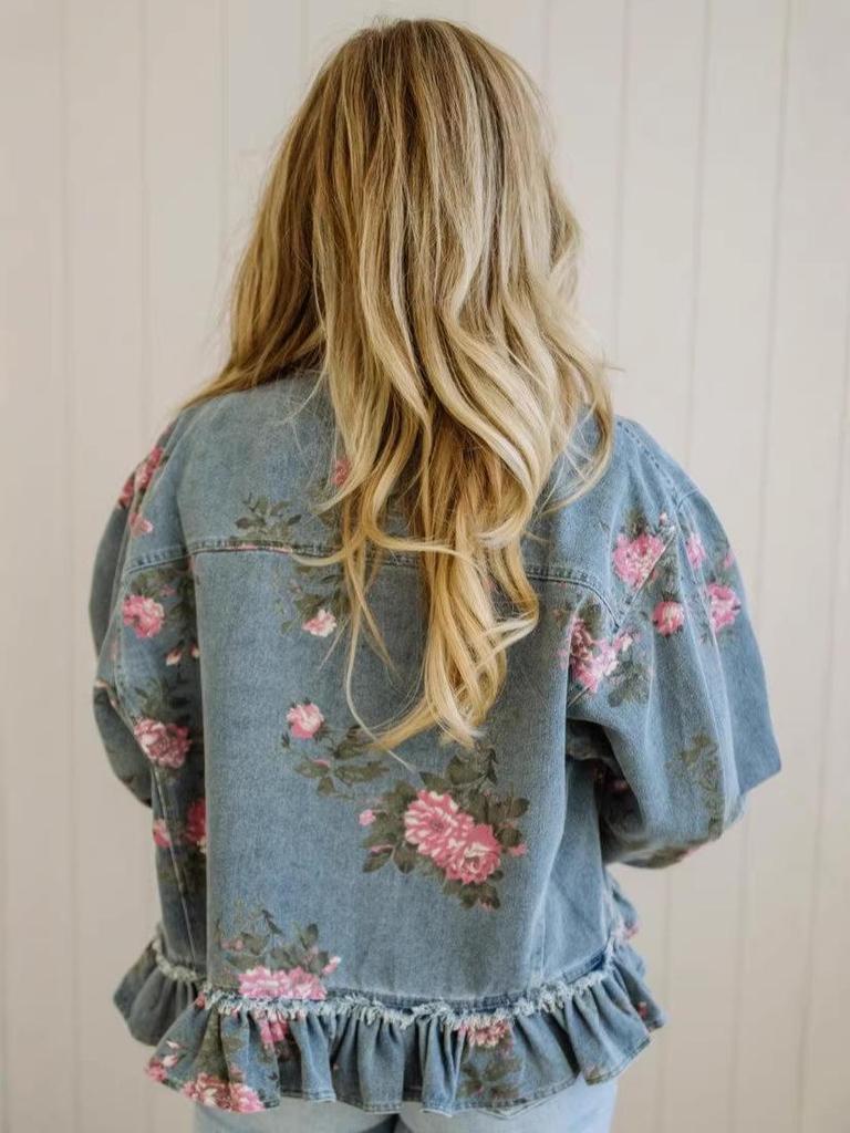 Retro Washed Denim Floral Print Loose Long Sleeve Women's Shirt