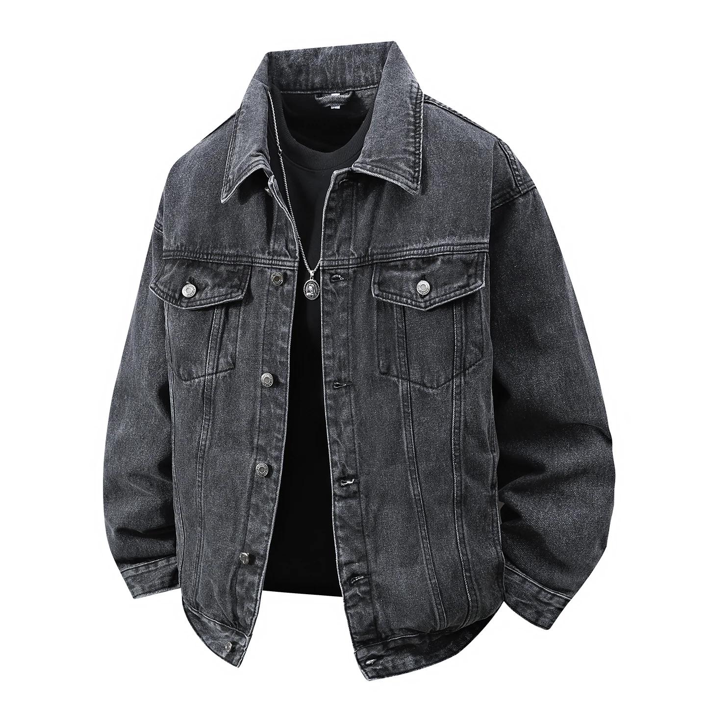 

2026 Весна Осень Мужские Джинсовые Куртки Мужская Однотонная Ковбойская Куртка Мужская Повседневная Свободная Верхняя Одежда Мужская Потертая Y2K Корейские Модные Пальто 4XL черный серый