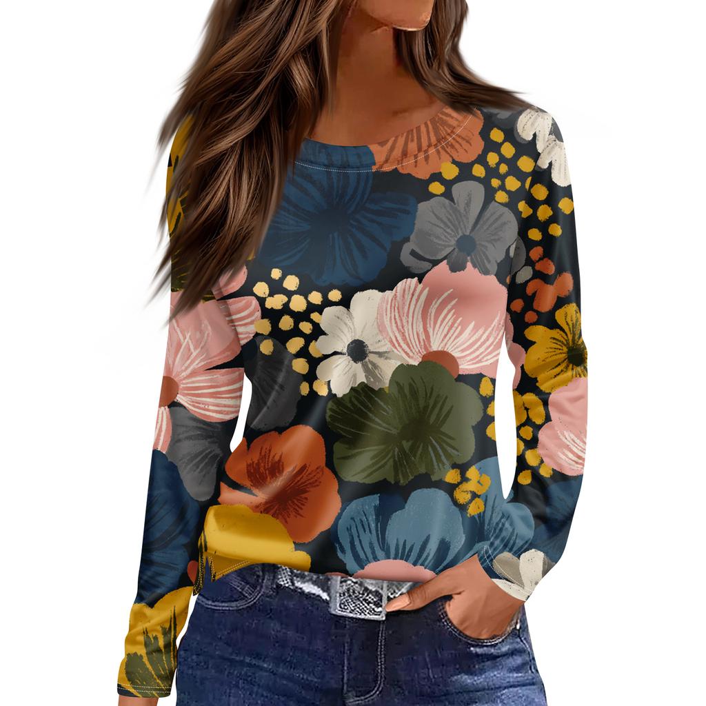 Women's Fashion Hem Slit Casual Retro Floral Print Round Neck Long Sleeve Top