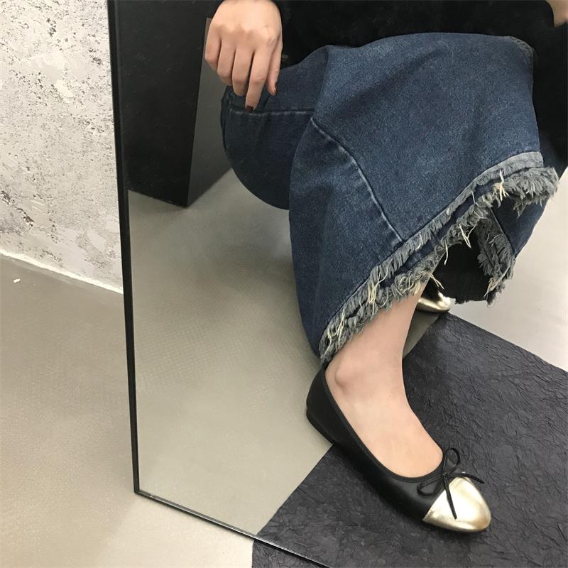 Fashion Women's Fashion Flat Shoes Spring New Round Head Shallow Mouth Splicing Butterfly Knot Soft Sole Non-slip Single Shoes