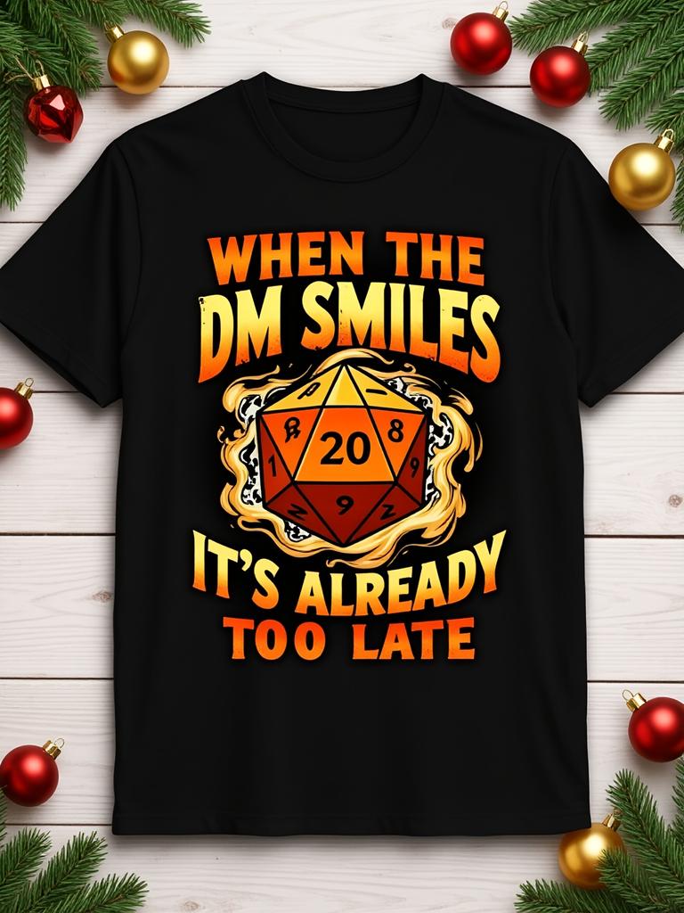 Men'S Plus Size Casual Crew Neck T-Shirt With 20Sided Dice Flame Graphic When The Dm Smiles Text,