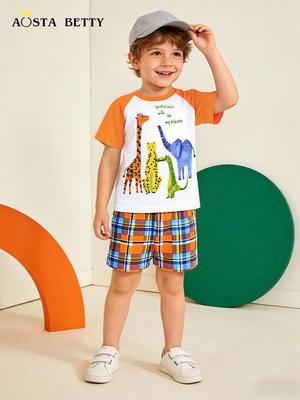 Summer Boys' Cartoon Animal Print T-Shirt & Shorts Set - European & American Style, Short Sleeve Two-Piece Outfit