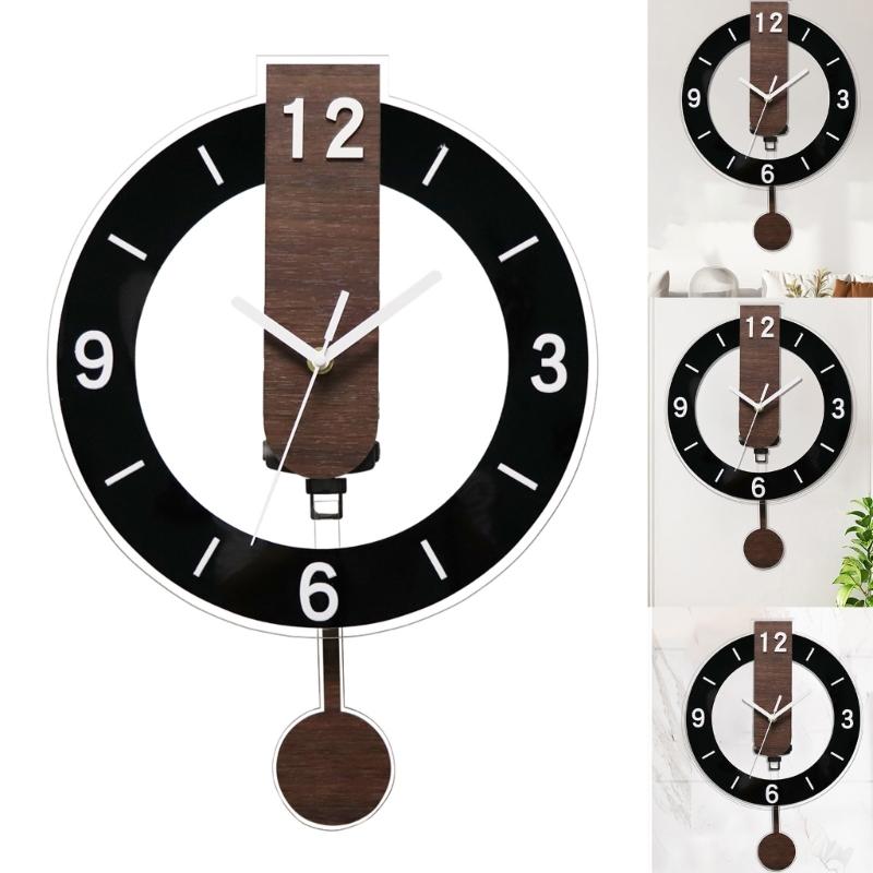 Noiseless Quiet Wall Clock Wooden Grains Acrylic Aesthetic Arabic Numerals Indoor Hanging Swing Clock with Pendulum