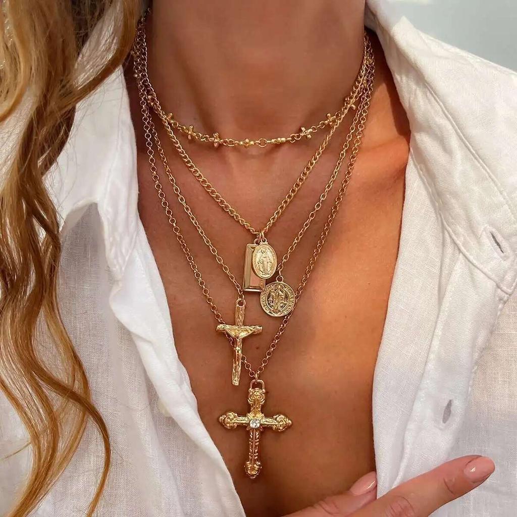 PuRui 4Pcs/Set Creative Square Dangle Jesus Cross Round Coin Pendant Alloy Necklace Women Fashion Party Banquet Y2K Zircon New