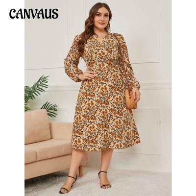 Plus Size Spring and Autumn Women's Dress Slim Printed Tie Long Sleeve Dresses