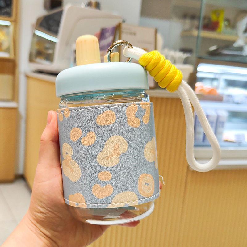 Influencer Portable Insulated Glass Water Cup with Leather Sleeve – Stylish Gift for Female Students