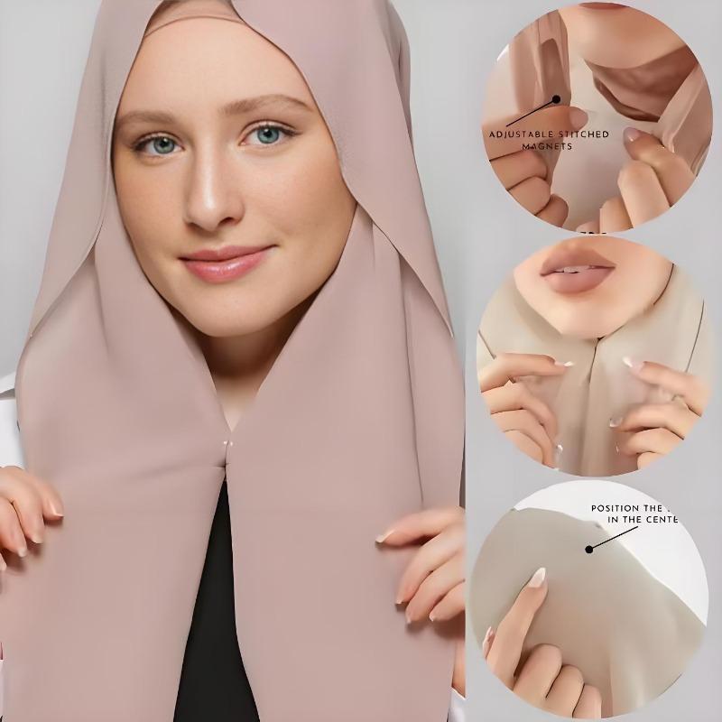 Chiffon Hijab with Magnetic Buckle Solid Color Woman Muslim Hijab Scarf Islamic Turban Fashion Headband Shawl