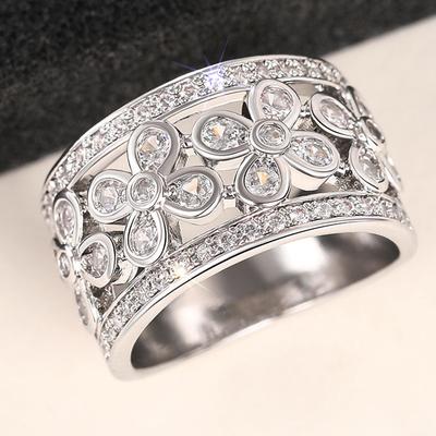 Sterling  Hollow Flower Design Wedding Band Women Rings Shiny Crystal Cubic Zirconia Aesthetic Female Jewelry