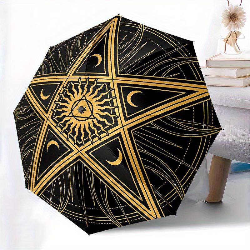 Golden Pentagram Mouse Pad, Mystic Star Design for Wicca Enthusiasts Umbrella, Cute Umbrella with Cute Design, Portable 3-Fold Compact Umbrella for Me