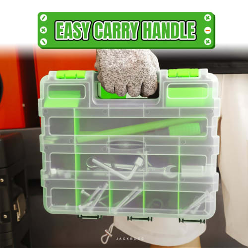 JACK BOSS Parts Case, Double-Sided Organizer, Small Item Storage Case, Green, 1 Pack, 330mm Wide X 285mm Deep X 100mm High, TJB322-G