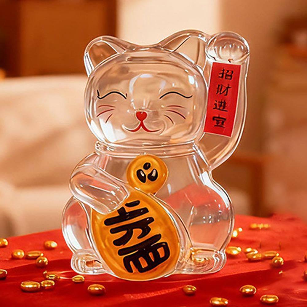 Cute Lucky Cat Piggy Bank Glass Clear Money Jar Mini Cartoon Golden Bean Storage Bottle for Living Room Office Decor