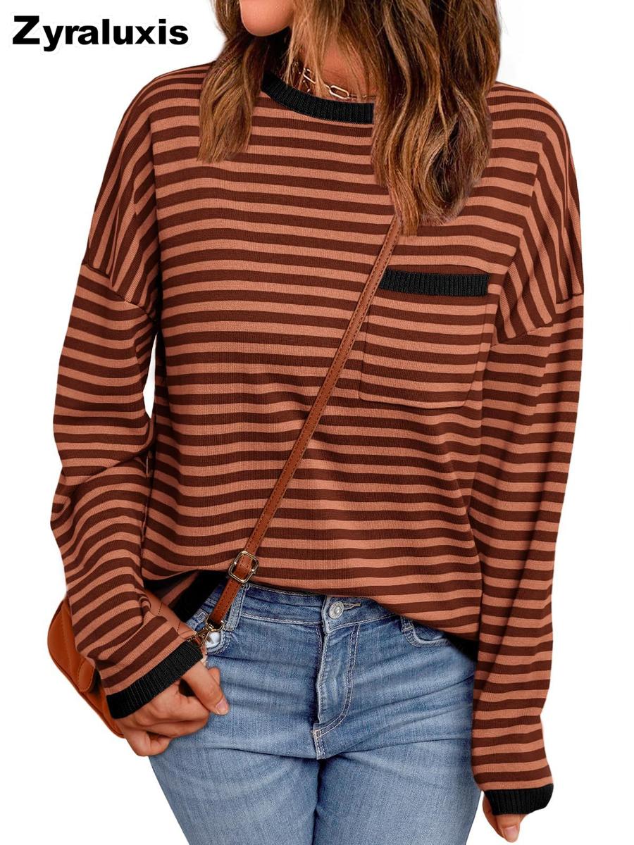 Trendiges lockeres lässiges Herbst/Winter Neuankömmlinge gestreiftes Langarm-Oberteil für Damen mit Taschen XXL schwarz