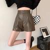 Women's High-Waist PU Leather Shorts, Autumn/Winter 2024, Slim A-Line Brown Wide-Leg Pants, Suitable for Outerwear or Boots.