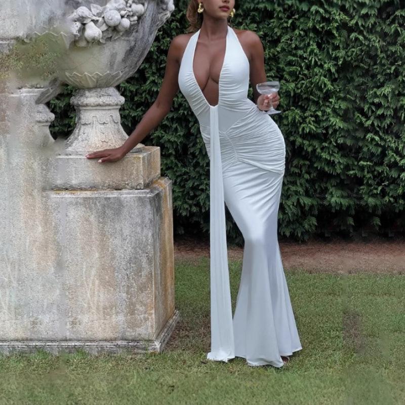 New Women's Long Dress Solid Color Elegant Neck Deep V Waist Sexy Backless Streamer Fishtail Skirt