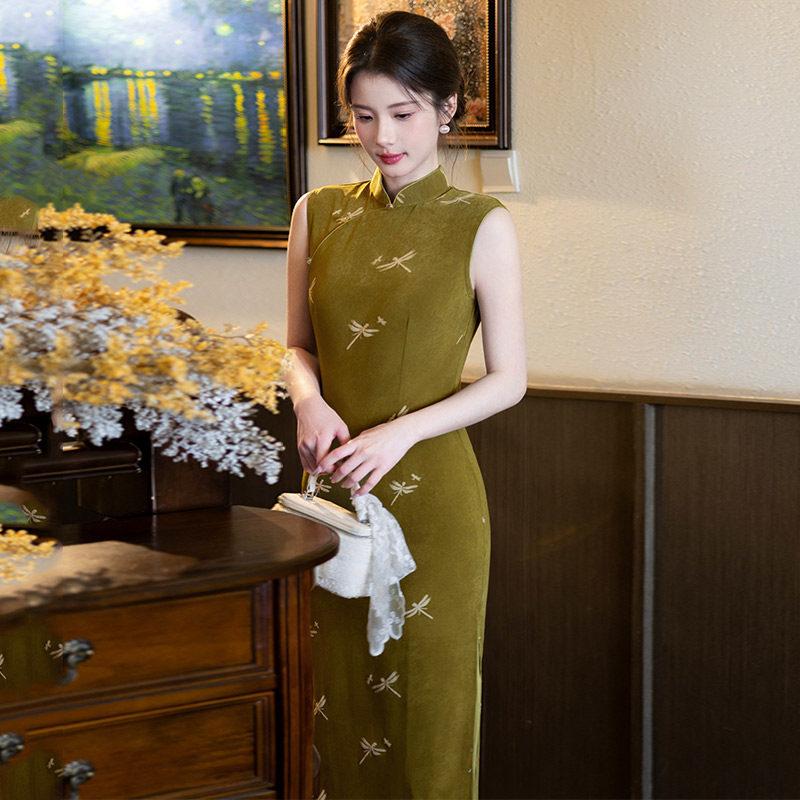 Yeşil kolsuz ulusal tarz yeni Çin uzun cheongsam geliştirilmiş genç 1011 yeni kadın yüksek kaliteli elbise yaz