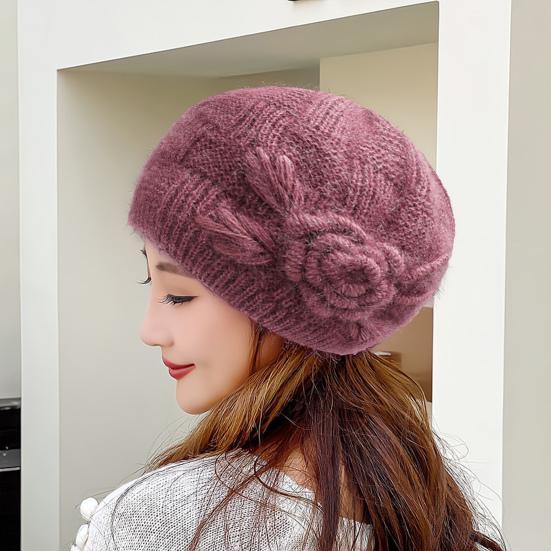 Autumn Winter Women Knitted Hat Flower Solid Color Brimless Dome Windproof Thickened Plush Lining Beanie Hat Streetwear
