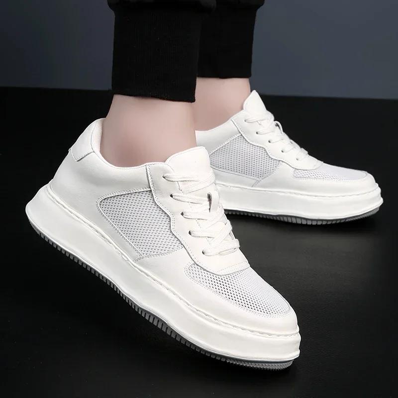 British Style Genuine Leather Heightening Shoes Men Insole 6-8cm Heels Casual Outdoor Walking Shoes 2024 New Antiskid Sneakers