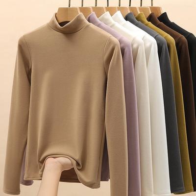Micro Velours De Velours Halfhoge Hals Basis T-shirt Dames Binnenkleding Herfst en Winter, Gevoerd en Verdikt De Velours Middelhoge Hals Warmte