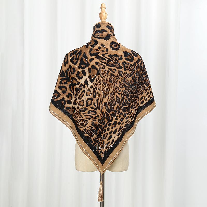 

New Leopard Print Square Scarf With Diamonds Muslim Hijab Silk Scarves Women Fashion Designer Headscarf Foulard Shawl Kerchief