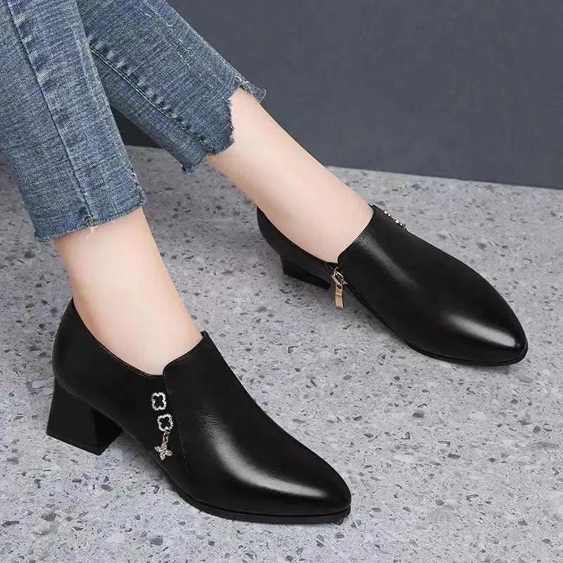 Zapatos De Mujer women black plaid pointed toe pu leather slip on square heel shoes lady classic sweet shoes a6956
