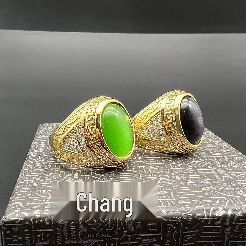 European-American Hip Hop Gold-Plated Rhinestone Cat's Eye Stone Titanium Steel Men’s Ring