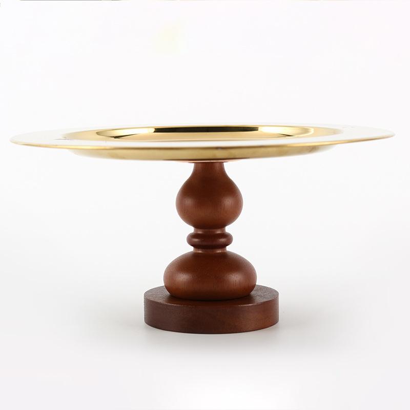 Vintage Metal Solid Wood Base Fruit Bowl Round Gold Storage Tray High Dried Fruit Dessert Plate Home Countertop Decorative Plate