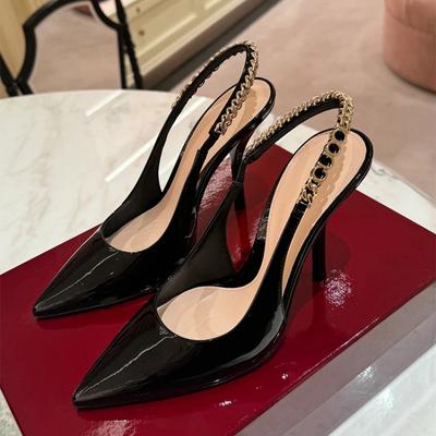 Celebrity Style Chain Letter Slim High Heels for Women's Summer Fashion Show Pointed Shallow Mouth Back Strap Sandals