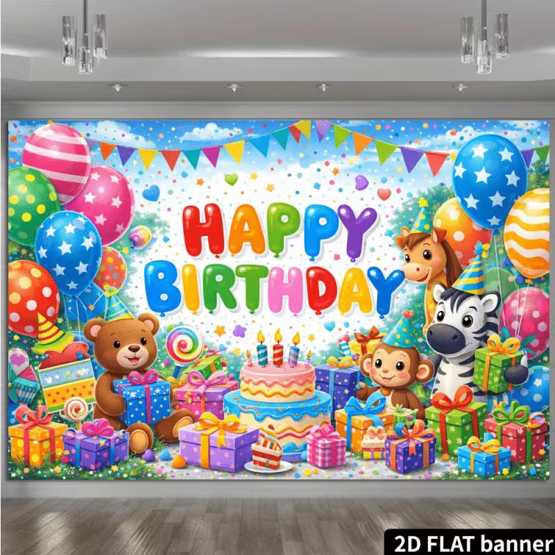 2D Cartoon Animal Birthday Banner Backdrop Kids Bright Colorful Happy Birthday Party Decor Background