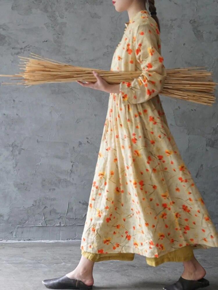 Johnature Kvinner Vintage Shirtdress Print Floral Stand Langermet Spring Button A-Line kinesisk stil Kjole