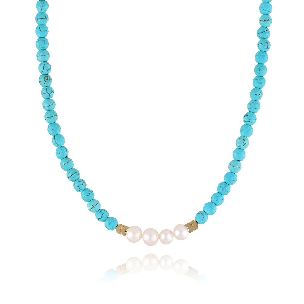 Natural Freshwater Pearl & Turquoise Bohemian Choker Necklace for Women